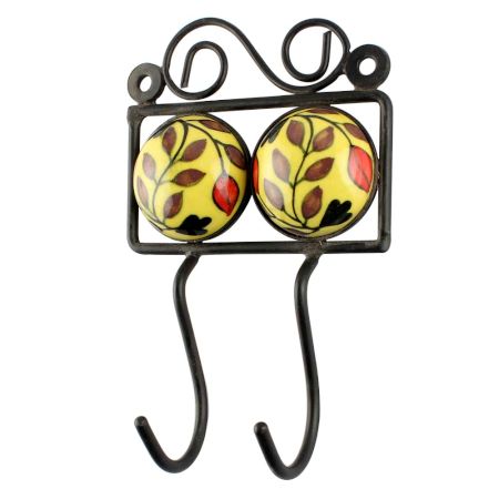 Mustard With Brown Leaf Ceramic Floral Tile Hook